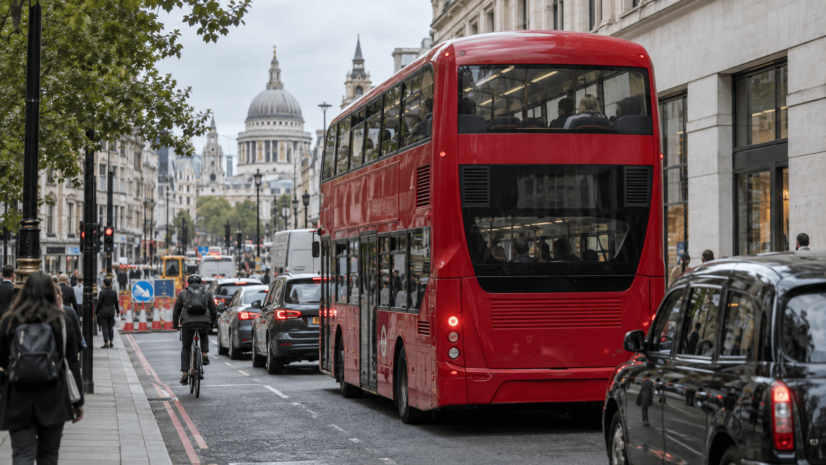A red London double-decker bus held in slow city traffic, with roadworks visible farther along the street.