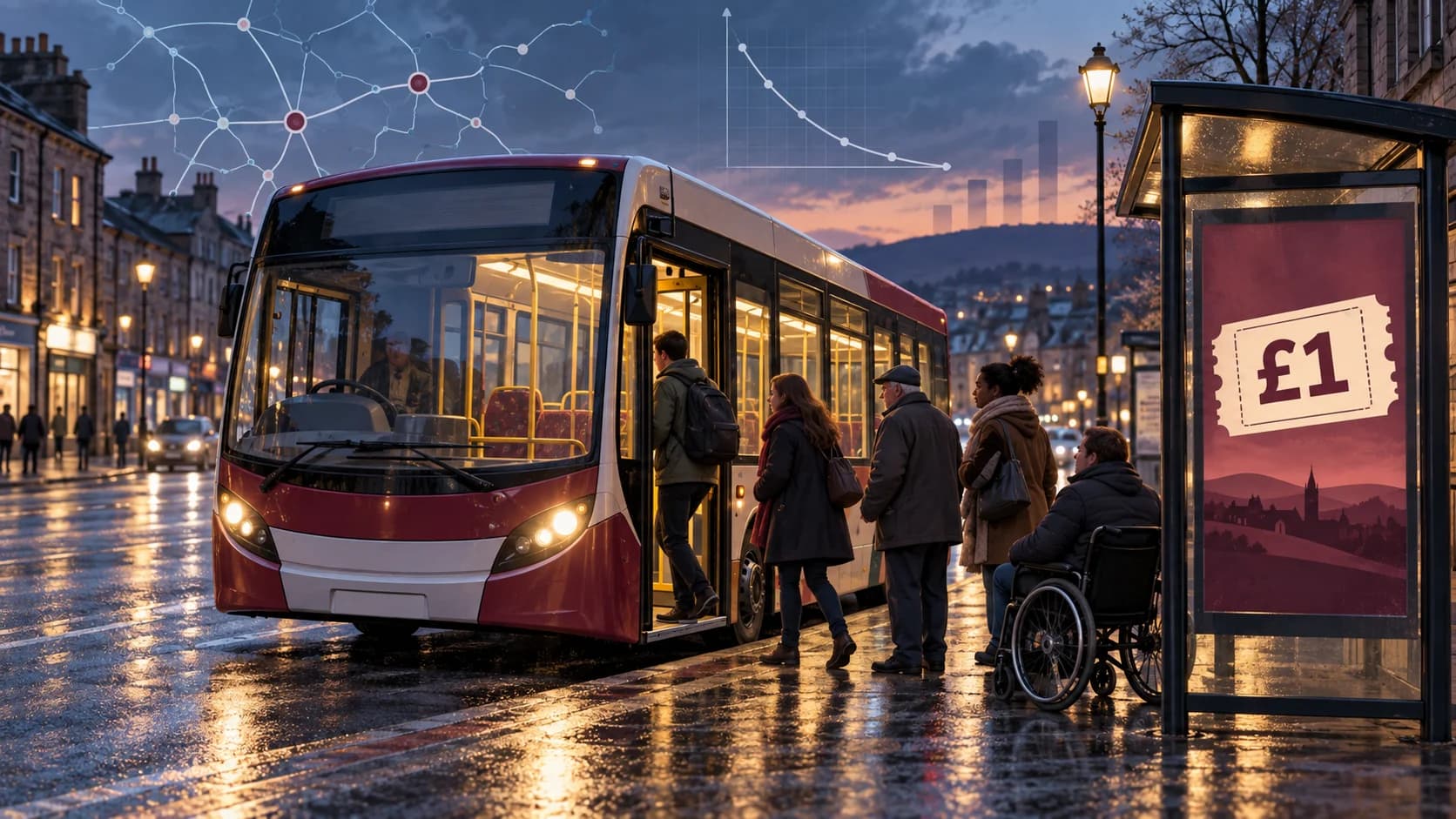 Editorial illustration of passengers boarding a bus in Lancashire at dusk beside a £1 fare sign and subtle transport modelling graphs